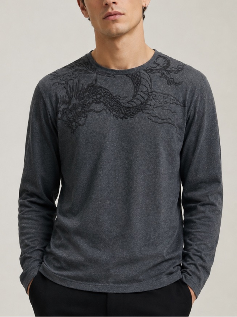 The Kooples Charcoal Gray Embroidered Dragon Long Sleeve Tee Shirt Large